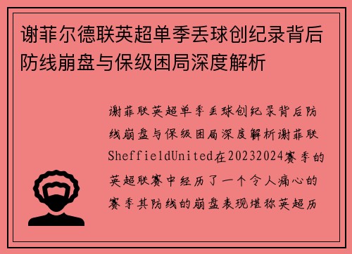 谢菲尔德联英超单季丢球创纪录背后防线崩盘与保级困局深度解析